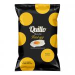 Bright yellow bag displays the QUILLO logo above a playful illustration of a fried egg spilling yolk over crunchy potato chips. Crisp chips scatter across the front, with bold white and red typography indicating flavour. A small nutrition panel and barcode sit at the back. Glossy finish catches light.
