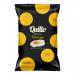 Bright yellow bag displays the QUILLO logo above a playful illustration of a fried egg spilling yolk over crunchy potato chips. Crisp chips scatter across the front, with bold white and red typography indicating flavour. A small nutrition panel and barcode sit at the back. Glossy finish catches light.