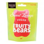 A glossy resealable pouch displays translucent, fruit-shaped gummy bears in vibrant reds, oranges, yellows, greens and purples through a clear window. Playful brand lettering crowns the top while nutrition icons and a matte background frame the colorful confection inside. Soft sugar dusts the bears.