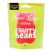 A glossy resealable pouch displays translucent, fruit-shaped gummy bears in vibrant reds, oranges, yellows, greens and purples through a clear window. Playful brand lettering crowns the top while nutrition icons and a matte background frame the colorful confection inside. Soft sugar dusts the bears.