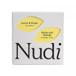 A rectangular cardboard box of Nuditea Lemon & Ginger teabags sits on a neutral background. Bright yellow and warm ginger-orange graphics show sliced lemons and ginger roots; simple text reads the flavour, 'plastic free' and displays net weight and a six-count.