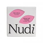 A bright rectangular box sits upright, showing Nuditea branding across the top. Magenta and deep-berry hues swirl around illustrated raspberries and blueberries. A plastic-free emblem appears near the bottom. Small icons indicate six individually wrapped teabags. Edges show tiny matte texture detail