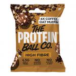 A matte resealable pouch displays The Protein Ball Co logo above a photograph of round coffee-colored oat muffin protein balls scattered beside a coffee bean and oats. Earthy brown and cream tones, a clear product window, and simple icons and text appear on the front.