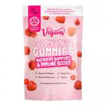 A bright product photo shows ten neatly stacked Vegums Lifestyle boxes arranged in two rows. Each slim box features the Vegums logo, bold A–Z lettering and a Sugar-Free badge, a 30 Gummies notice and a small transparent window revealing colorful rounded gummy pieces. Soft lighting, white background.