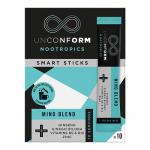 Image shows a tidy arrangement of slim stick sachets and a compact box labeled Unconform Smart Sticks Mind Blend beside a matching packet marked Unconform Hydration. Cool blue and silver palette, matte and glossy surfaces, bold typography, soft studio lighting and subtle shadows.
