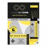 A white box of Unconform Smart Sticks sits next to ten slim foil sachets labeled Gut Health Blend and Unconform Hydration. Soft blue and mint-green accents decorate the packaging; one open stick reveals a fine pale powder on a white surface.