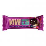 A compact rectangular box displays fifteen individually wrapped brownies. The packaging uses deep purple and soft pink hues with the Vive Bakery logo. The front photo shows a moist chocolate square topped with glossy mixed berries.