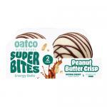 A bright rectangular pack of Oatco Super Bites Peanut Butter Crisp sits centered, its orange-and-cream wrapper shows a stylized peanut graphic and crisp clusters. An opened bar reveals layered peanut butter with visible crispy bits; several wrapped bars lie stacked beside it. Soft shadow falls here.
