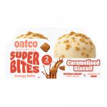 A single Oatco Super Bites Caramelised Biscuit packet sits against a plain background. Brightly colored wrapper shows overflowing caramel drizzle, golden biscuit pieces and scattered oats beside clean brand lettering. A close-up reveals glossy caramel highlights and textured biscuit surface in focus.