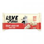 A glossy box holds twelve individually wrapped LoveRaw Cre&M White Choc wafer bars. Packaging shows the LoveRaw logo, product name and an image of a layered wafer with creamy white-chocolate coating and visible wafer layers; soft mint and white tones define the design.