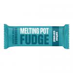 Photo shows a Melting Pot Fudge Salted Caramel bar in a glossy wrapper bearing the brand logo and product name. A broken bar reveals dense, golden-brown fudge with caramel swirls and scattered salt flakes on a neutral background.