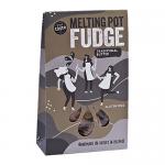 A glossy box displays eight individually wrapped blocks of traditional butter fudge, their pale golden squares visible through clear cello. Labels feature classic script and a warm cream-and-brown palette; the gift pack sits against a neutral backdrop. Soft highlights reveal sugar crystals and seam.