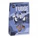 An elegant gift box labeled Melting Pot Fudge Salted Caramel Fudge displays eight individually wrapped squares in two neat rows. Each caramel-topped piece shows a glossy, swirled surface, pale-brown interior and scattered salt crystals, set against cream and gold packaging. with a neat satin ribbon.