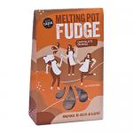 A glossy gift pack of chocolate orange fudge sits open, revealing square, marbled pieces dusted with cocoa. The box shows bright orange and brown branding and a clear window. Soft, dense slices display swirls of chocolate and citrus-colored streaks. A gold ribbon ties the pack adding a subtle sheen.