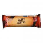Glossy wrapper displays bright orange accents against deep chocolate-brown panels; the Sweet Robyn’s logo appears in white script at center. A partially unwrapped bar sits on a neutral surface, revealing a chocolate-coated rectangle with textured interior and a sliver of zesty orange filling. Zesty.