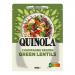 A clear packet of Quinola green lentils fills the frame, its transparent window revealing small pale green legumes. A cream-and-green label shows the brand name and product title; loose lentils scatter across a light wooden surface beside the packet. Soft natural light casts soft shadows and bokeh.