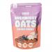 A rectangular carton and scattered single-serve pouches show the Oatco logo on warm brown and cream backgrounds. Chocolate swirls, cocoa nib illustrations and whole oat imagery decorate the front. Panels of small text and icons line the sides.