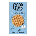 A rectangular carton of Good Guys Bakehouse Biscuit Melts – Original Salted sits on a neutral background. The pack shows the brand logo and a photo of golden, round, flaky biscuit melts sprinkled with coarse salt, some broken to reveal layered texture.