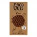 A clean photo shows a Good Guys Bakehouse Biscuit Melts cocoa pack and its contents. Shiny, round cocoa biscuits with slightly cracked tops and fine cocoa dusting sit stacked beside an open box displaying warm brown packaging and clear brand labeling, on a light tabletop. Soft shadows deepen details.
