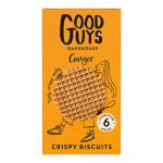 A photo shows golden-brown ginger biscuit melts stacked on a rustic wooden board. Each round biscuit has cracked tops and visible ginger flecks. One is split to reveal a soft, glossy interior. A branded box and scattered crumbs sit beside them.