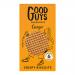 A photo shows golden-brown ginger biscuit melts stacked on a rustic wooden board. Each round biscuit has cracked tops and visible ginger flecks. One is split to reveal a soft, glossy interior. A branded box and scattered crumbs sit beside them.