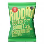 A small glossy 45g snack pouch displays a bold Riddim Snacks logo, red-to-yellow gradient background, illustrated scotch bonnet pepper and cheddar cheese swirl, scattered golden plantain chips image, and small nutrition text and icons along the lower edge.