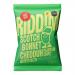 A small glossy 45g snack pouch displays a bold Riddim Snacks logo, red-to-yellow gradient background, illustrated scotch bonnet pepper and cheddar cheese swirl, scattered golden plantain chips image, and small nutrition text and icons along the lower edge.