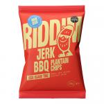 Vibrant red-orange bag shows the Riddim Snacks logo beside a fiery scotch bonnet illustration, smoky jerk sauce brushstrokes and scattered golden plantain crisps. The packaging foreground displays chips spilling outward, with bold lettering and tropical, high-energy graphic accents.