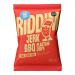 Vibrant red-orange bag shows the Riddim Snacks logo beside a fiery scotch bonnet illustration, smoky jerk sauce brushstrokes and scattered golden plantain crisps. The packaging foreground displays chips spilling outward, with bold lettering and tropical, high-energy graphic accents.