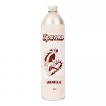 Six tall clear plastic bottles of vanilla syrup stand in a neat row, each filled with pale golden liquid. White labels with bold lettering and a small vanilla-pod illustration wrap the midsections. Simple screw caps close the necks, and soft studio lighting creates warm reflections. Soft shadows....