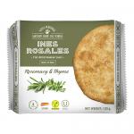 Glossy package displays stacked golden-brown round tortas with visible rosemary sprigs and thyme leaves. An olive oil illustration and a rustic cream label occupy the background, while clear branding and the net weight sit at the bottom; the crisply textured surfaces catch the light. Soft warm tint.