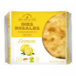 A crisp photo shows a rectangular tin of Ines Rosales Lemon Sweet Olive Oil Tortas beside loose golden, irregular thin rounds. The bright yellow label features cursive logo, lemon imagery and olive oil accents. Shadows and a neutral background highlight textures. Partially opened edge, shows crumbs.