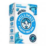 A rectangular peppermint-green carton displays a bold Milliways logo centered near the top. White and mint tones create a fresh backdrop with illustrated peppermint leaves and scattered white gum tablets visible through a small window. Fine text and icons line the lower edge. Matte surface reflects.