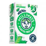 Image shows a rectangular 60g Milliways spearmint megapack in simple paperboard packaging. Green and white color scheme with spearmint leaf illustrations, bold product name and weight on front, subtle texture and a resealable flap visible at the top.