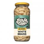 Six sealed 570g bags of Boldbean Queen white beans sit arranged in two neat rows. Each translucent pack reveals smooth, pale ivory beans and carries a printed brand label with the weight. Soft lighting highlights bean texture and the simple retail packaging. Labels show a small logo and batch numbers.