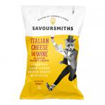A bright blue-and-gold bag of Savoursmiths crisps stands upright, its front displays a stylized Italian scene with a cheese wedge and a red wine glass beside golden potato chips that spill slightly from the opening. Bold logo and flavor text contrast a rustic background. Accented with vine leaf art.