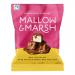 Glossy milk-chocolate-coated mini marshmallows sit clustered on a pale surface; caramel ribbons peek through thin chocolate layers. Bite-sized pieces show soft ivory centers, scattered crumbs and a light sprinkling of coarse sea salt, with warm brown tones and soft highlights. with subtle shadowing.