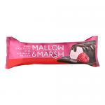 A dark chocolate-coated bar reveals a soft, vivid raspberry-pink marshmallow core. The glossy chocolate shell shows delicate ripples and a thin drizzle; the cross-section exposes airy texture with tiny fruit flecks, scattered crumbs and a faint dusting of cocoa. Soft sheen pairs with matte interior.