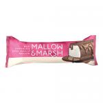 An unwrapped milk chocolate-covered vanilla mallow bar sits on a neutral surface. Smooth, glossy brown chocolate displays gentle ridges; a bite exposes a fluffy, ivory-white marshmallow interior with small air pockets and a faint melting sheen against the chocolate shell.