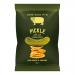 Glossy green snack bag displays a bold Serious Pig logo and a cheeky cartoon pig. The pack shows pickle slices and dill sprigs beside scattered golden crisps, with clear flavour text and bright, modern typography.