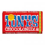 A glossy, brightly colored chocolate bar wrapper dominated by bold, uneven block letters reading Tony's Chocolonely across the front. Vivid red and yellow diagonal stripes frame an image of a segmented chocolate slab, creating a playful, handcrafted appearance on a white background. It shows texture