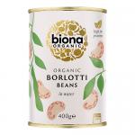 A 400g Biona Organic Borlotti Beans pack sits upright, showing a green Biona logo and clear product name on a white label. A transparent window reveals speckled red-and-cream borlotti beans, with small organic certification icons and simple ingredient text.