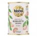 A 400g Biona Organic Borlotti Beans pack sits upright, showing a green Biona logo and clear product name on a white label. A transparent window reveals speckled red-and-cream borlotti beans, with small organic certification icons and simple ingredient text.