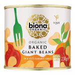 A green-and-white tin shows the Biona logo and a photo of large pale beans in vivid red tomato sauce. Organic certification marks, ingredient text and the 230g weight sit on the label; six cans are pictured together.