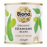 Photo shows a green-and-white 200g packet of Biona Organic Edamame Beans standing upright on a plain surface. The front displays the Biona logo, bold product name, a close-up edamame image, organic certification mark and simple icons; a subtle textured background frames the design. A pale low shadow.
