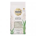 A tidy photo shows six upright Biona white risotto rice packets, each in a clear-lined bag with a green Biona logo and simple white label. Short-grain white rice fills each pack; labels display organic wording and 500g weight. Clean, bright studio lighting.