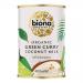 A set of Biona Organic Coconut Milk Green Curry 400ml packages sits on a neutral background. Each pack shows the Biona logo, a green-hued label with coconut and herb illustrations, the product name and volume, and glossy, neatly aligned packaging.