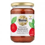 A photo shows six glass jars of Biona Organic Basilico Tomato and Basil sauce, each 350g, with bright red tomato contents and green basil flecks. White-and-green labels display the Biona logo; jars sit on a neutral surface against a soft, light background. Metallic lids reflect soft highlights. Glow