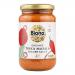 A set of six identical Biona Organic Tikka Masala simmer sauce jars. Each jar shows a warm orange-red sauce through clear glass, topped by a white screw lid. The front label features the green Biona Organic logo, the product name and small illustrations of tomatoes and spices.