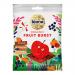 A tidy arrangement of multiple Biona Organic Fruit Burst packets forms a colorful grid, each glossy pouch displaying assorted fruit illustrations and vibrant hues. The brand logo sits prominently, small nutritional text appears near the base, and the scene feels fresh and visually inviting. Glowing.